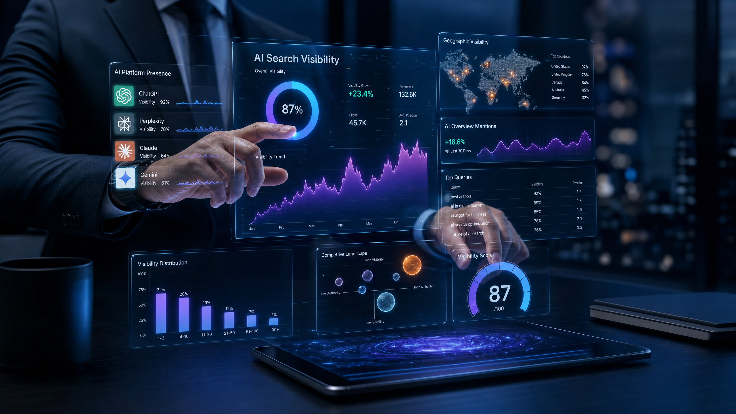 Executive reviewing AI search analytics holographic dashboard